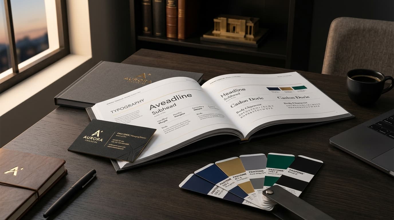 Brand design identity guidelines with curated typography, color palettes, and stationery