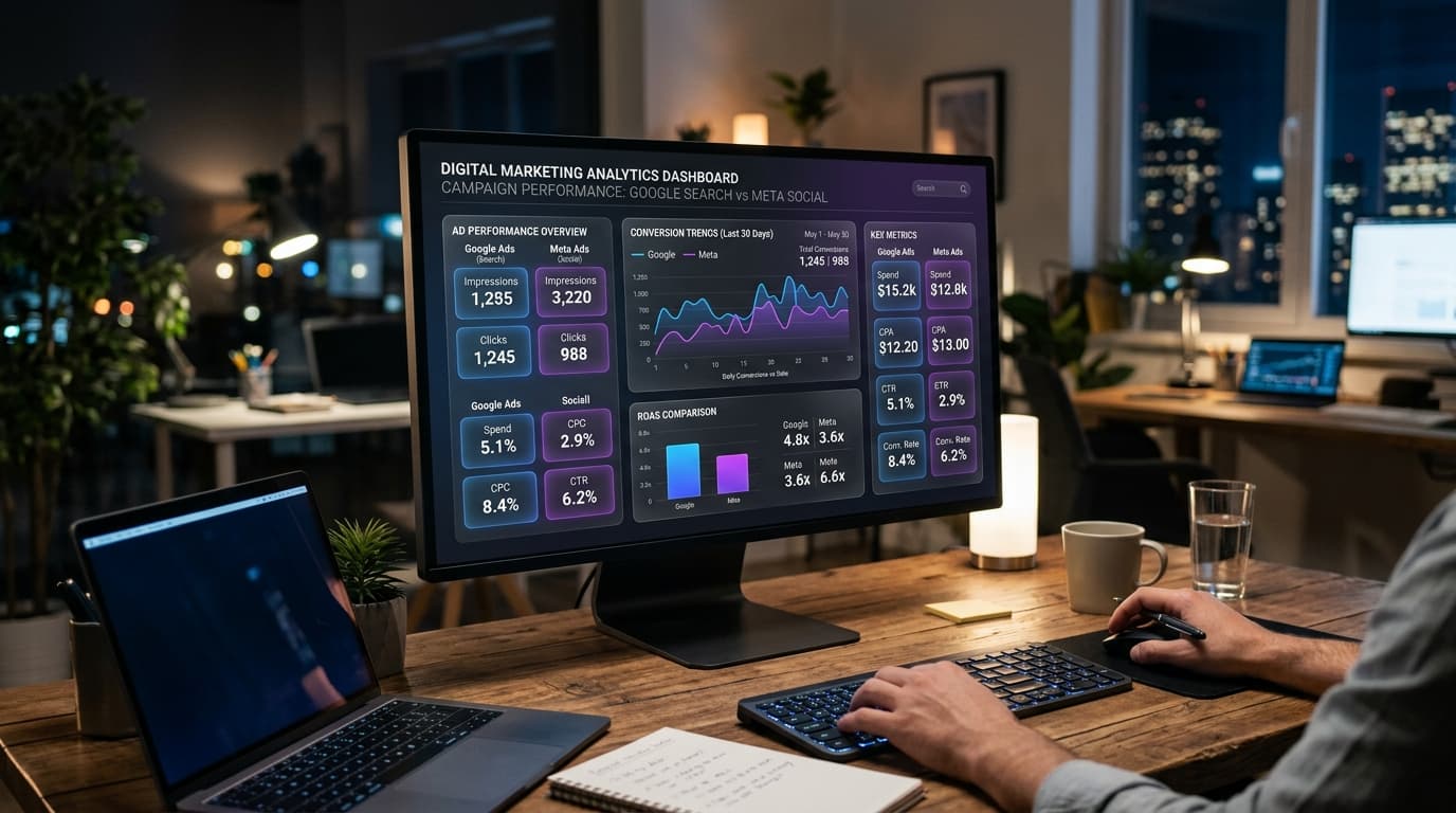 Paid ad campaign performance charts comparing search queries and social audience metrics