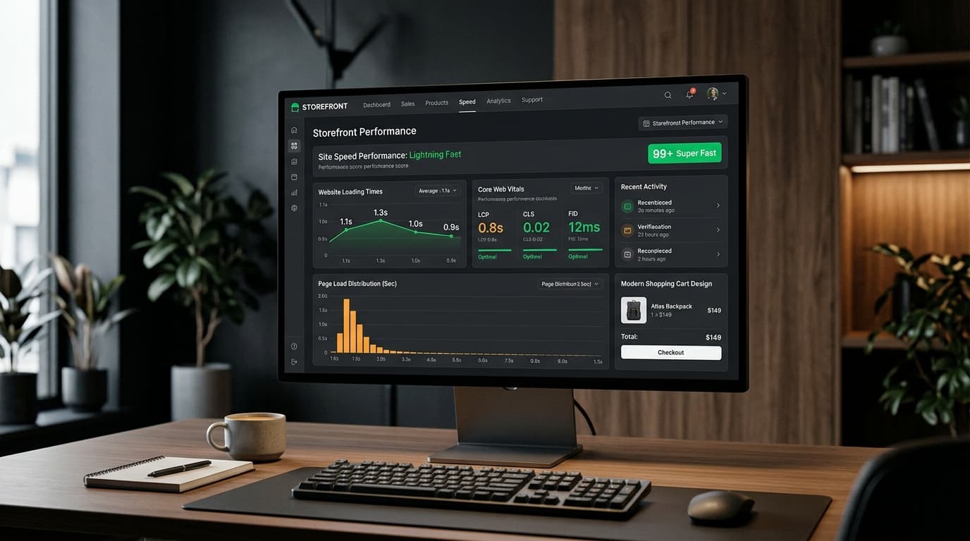 E-commerce storefront dashboard and performance audit metrics on a desktop monitor