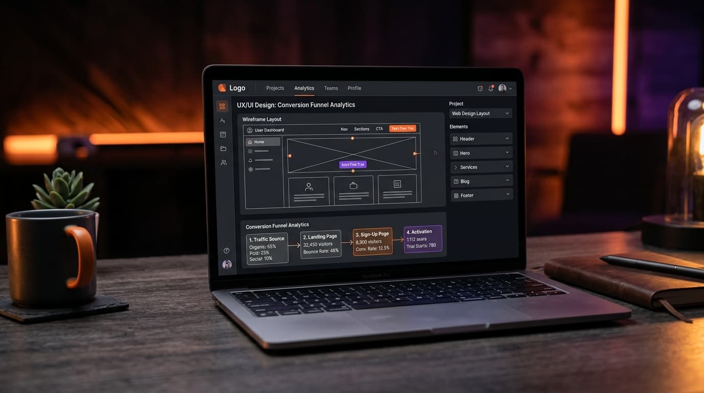 Digital strategy workspace with UX wireframes and conversion funnel analytics