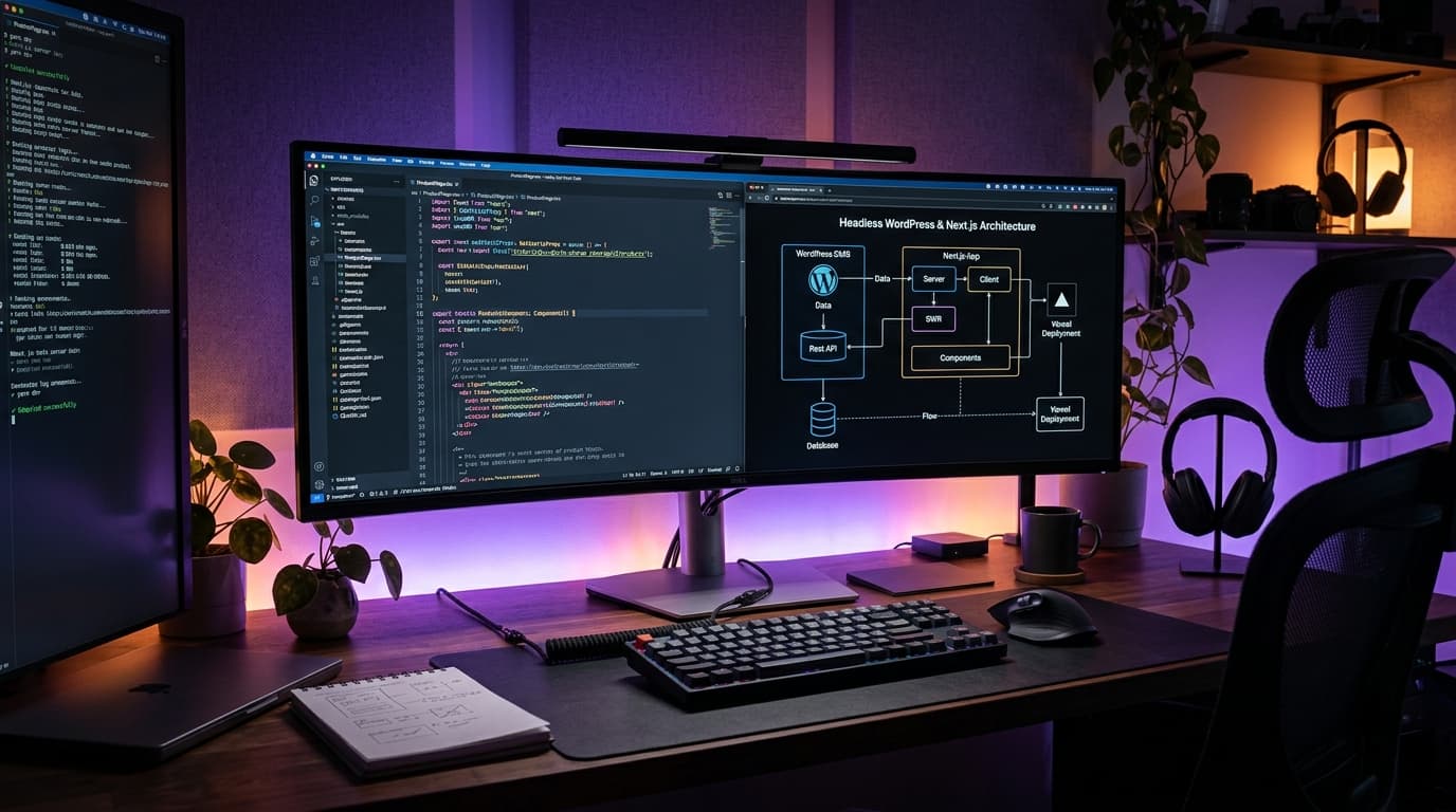 Modern web architecture code editor displaying React, Next.js, and CMS data schemas