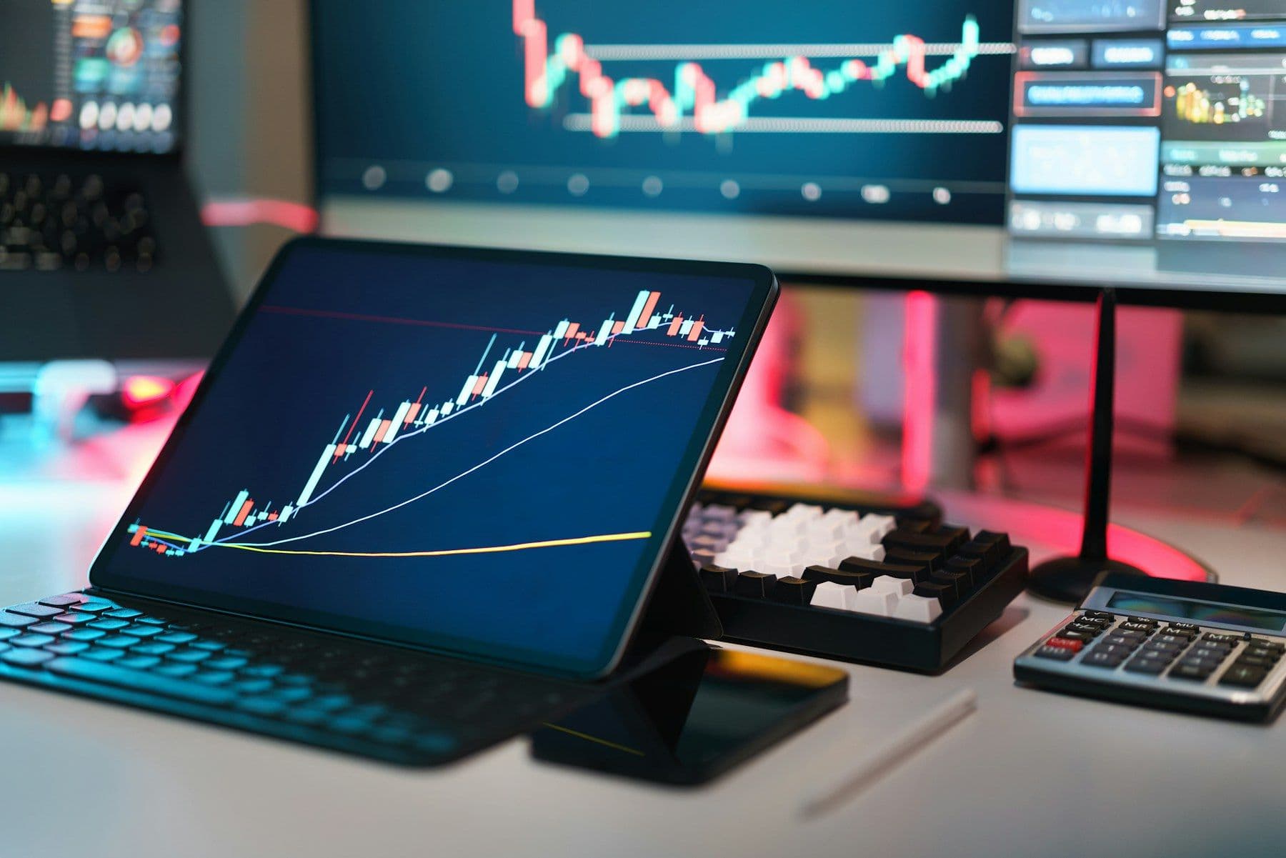 Digital analytics charts displayed across a professional workstation